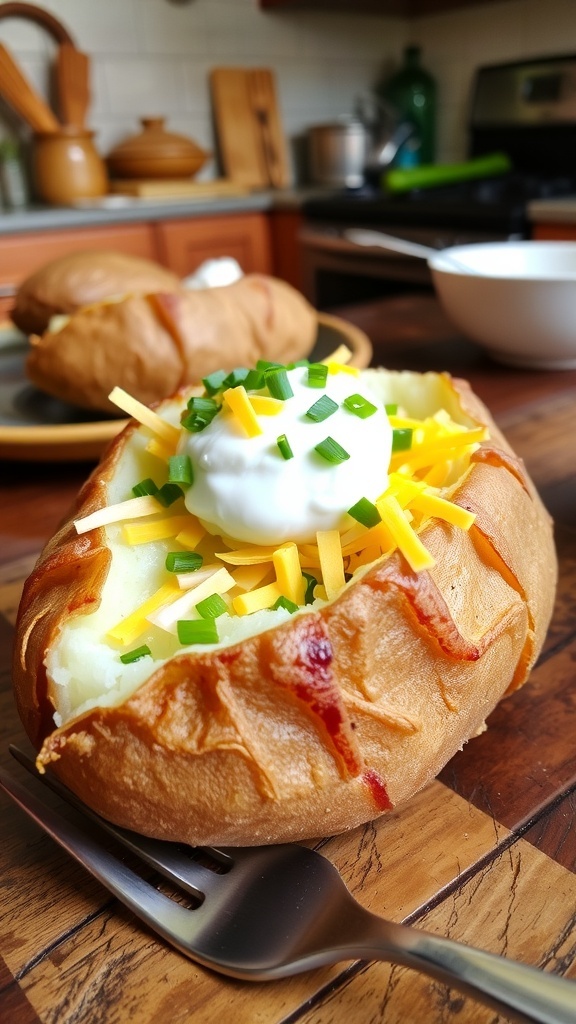 A baked potato with crispy skin topped with sour cream, cheese, and chives on a wooden table.